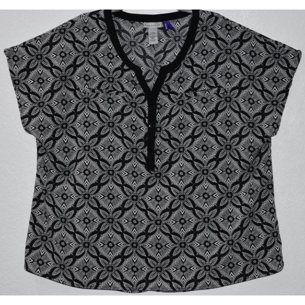 Catherines 1Xp Top Lightweight Stretch Boxy Dolman Cap‎ Slv Artsy Print Blouse